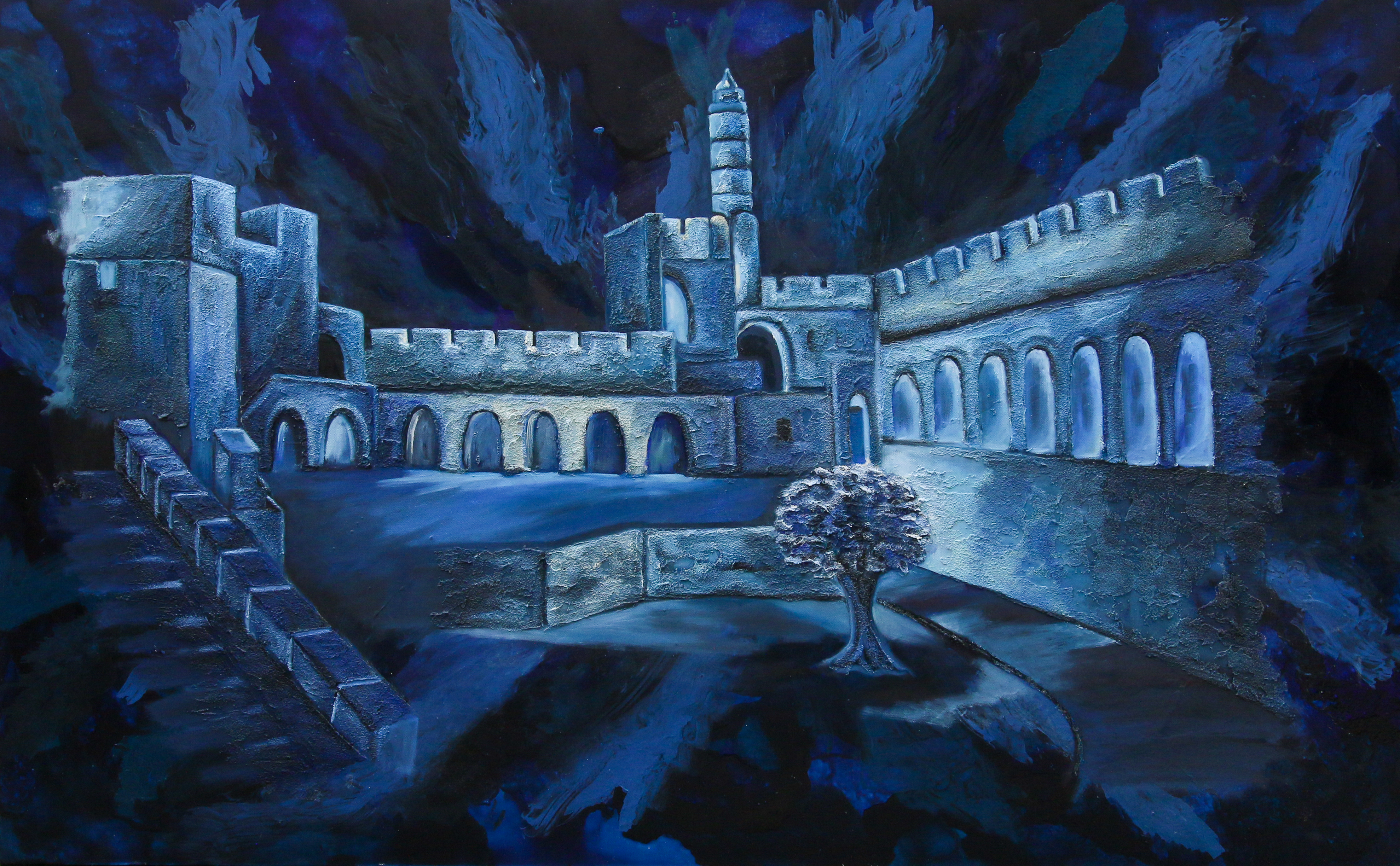 <h9>Midnight Blue Ir David<br>Mixed Media Oil and Acrylic on Canvas  <br> 30x48 <br>  $2000 </h9>